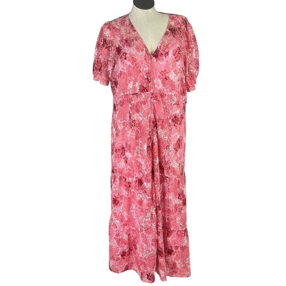 Torrid Dress Women 3X Pink Tiered Button Front Floral Lace Peasant Maxi Dress